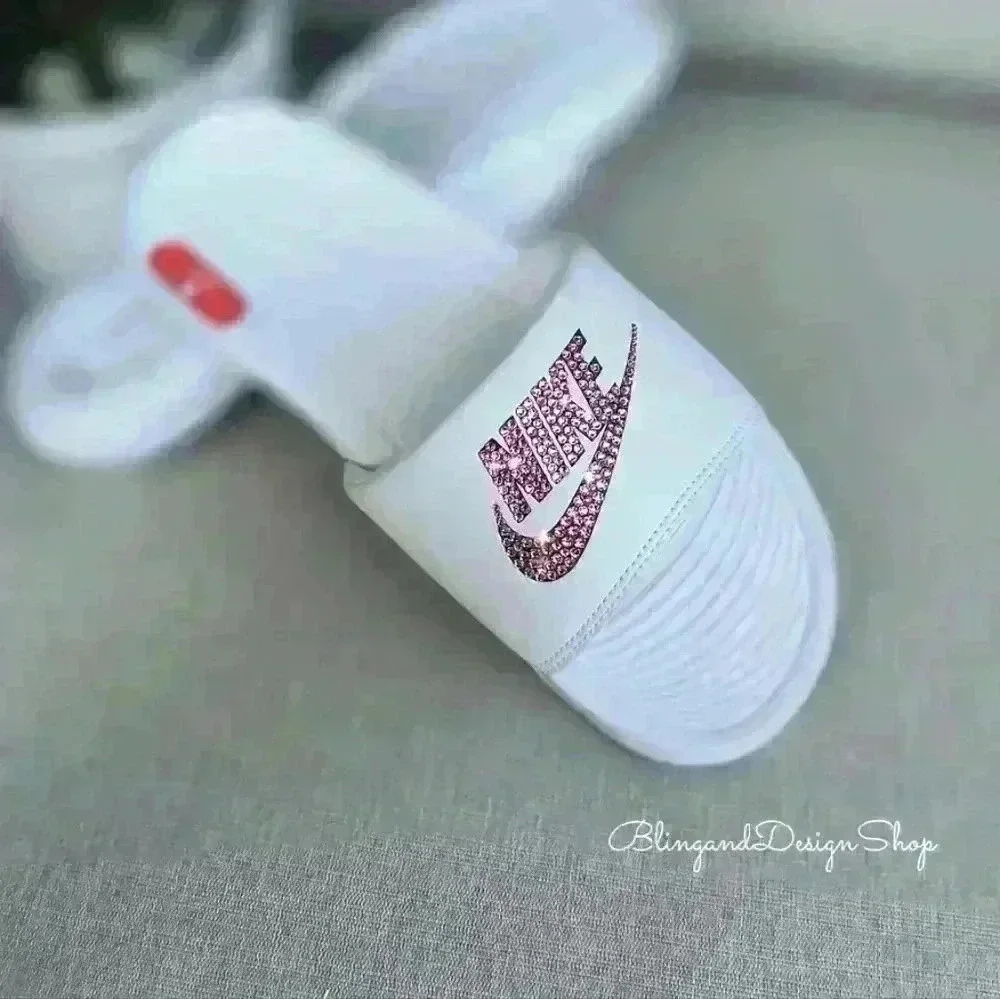 Nike Victori One Slide Sandals Custom with Pink Crystal Rhinestones Bling Nikes